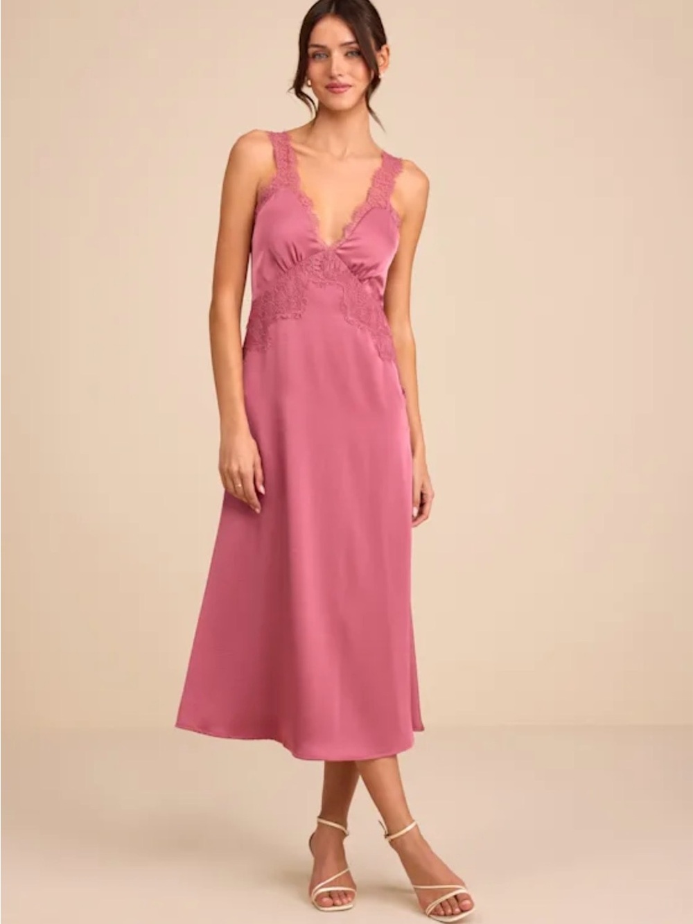 Lulu's Rose Pink Lace-Trim Midi Slip Dress